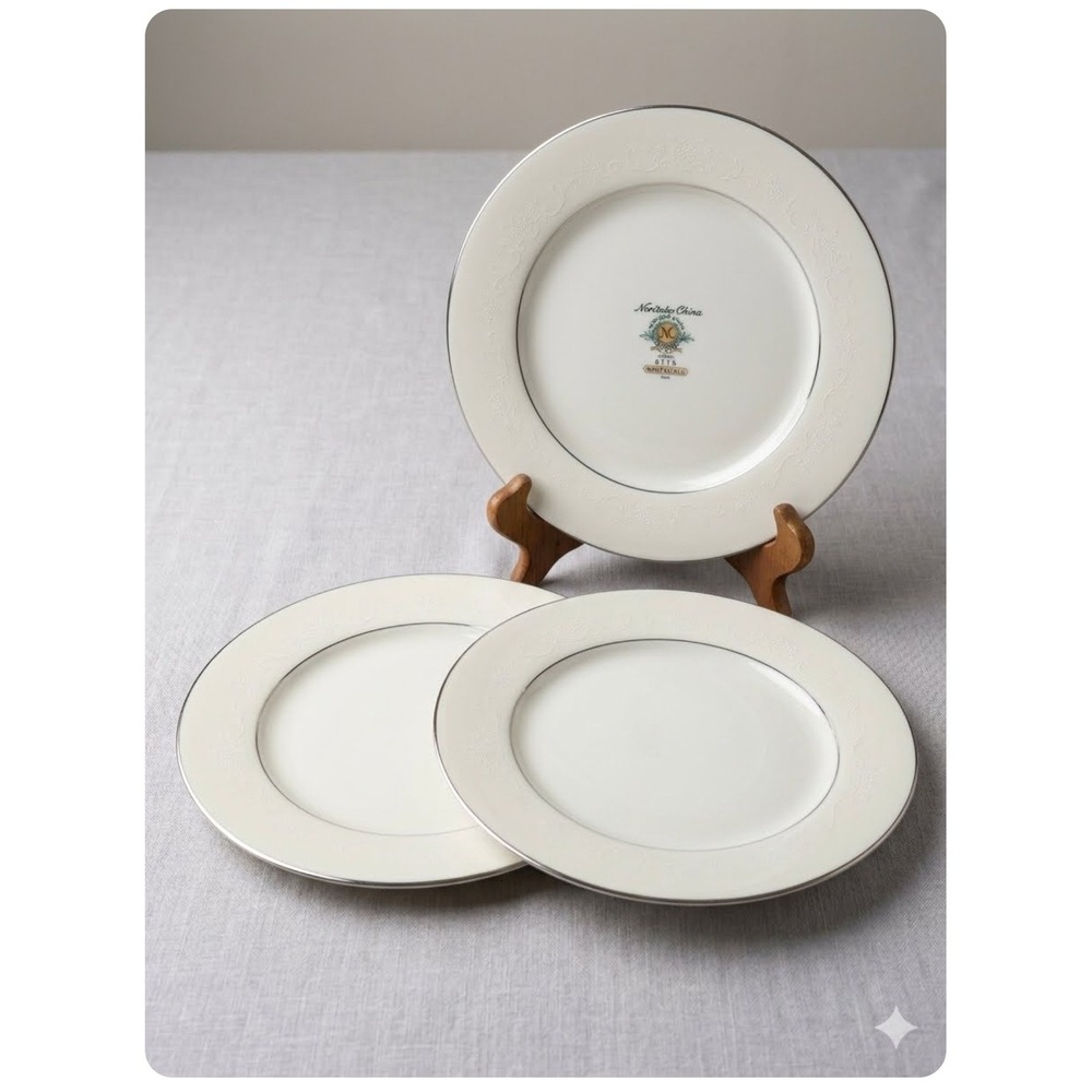 Noritake China Whitehall 6115 - 2 Dinner Plates White Floral Platinum Trim Japan